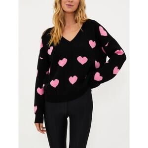 Beach Riot V-Neck Sweater with Pink Hearts